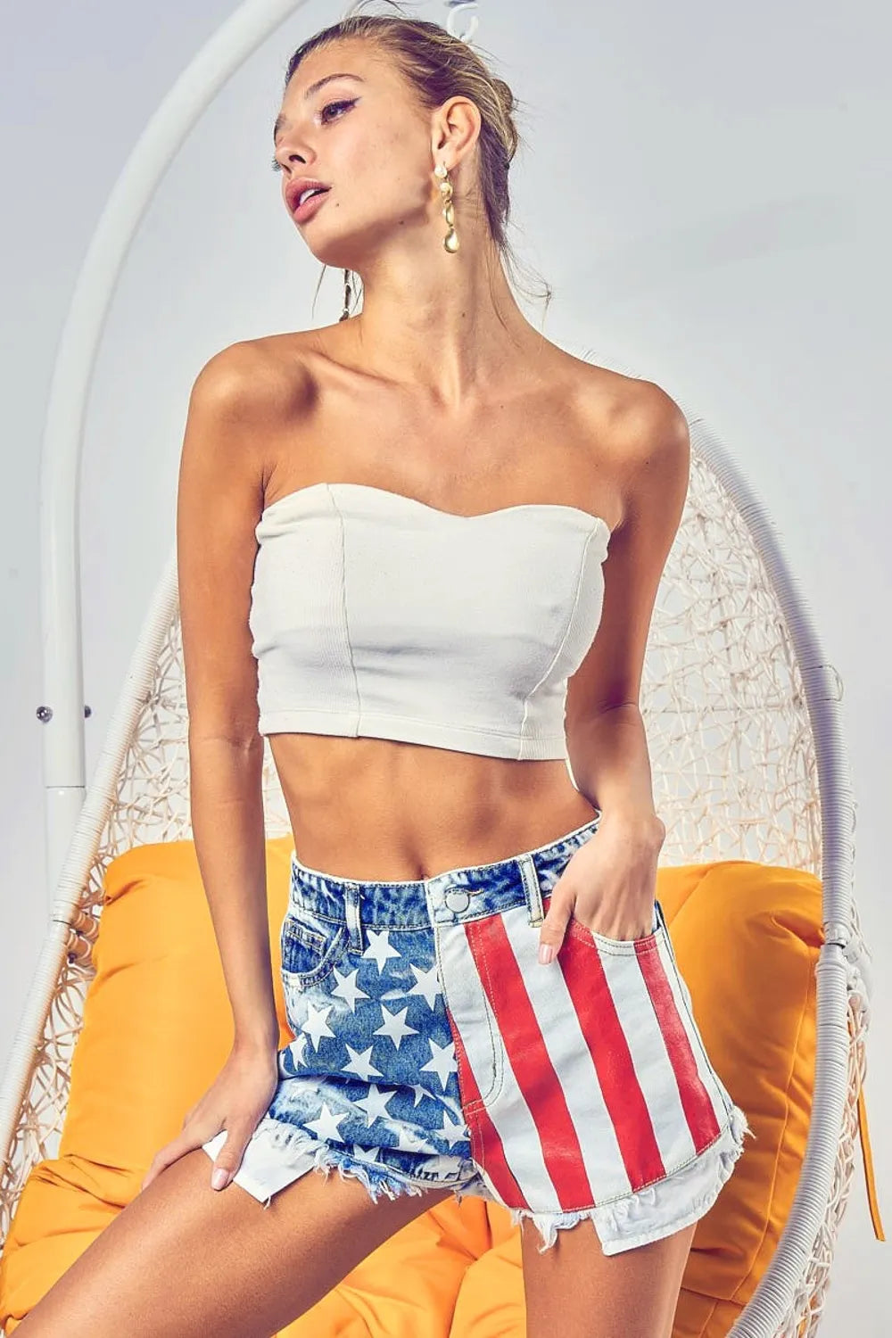 Flag Theme Bleached Denim Shorts