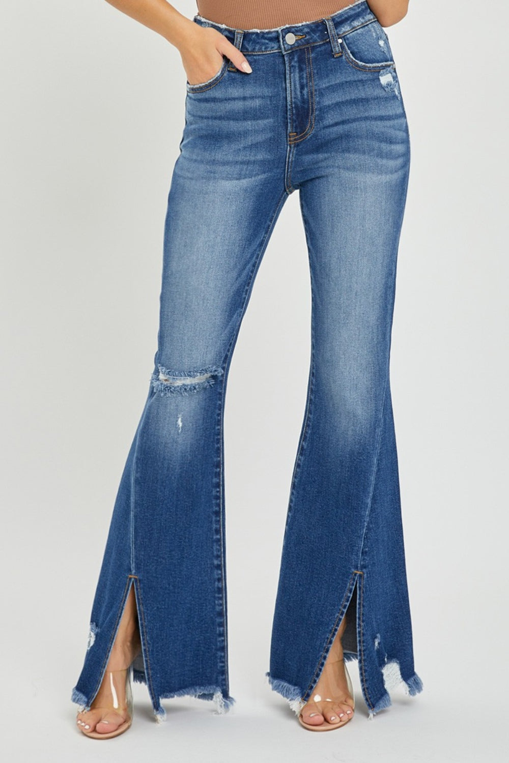 Full Size High Rise Front Slit Frayed Hem Flare Jeans