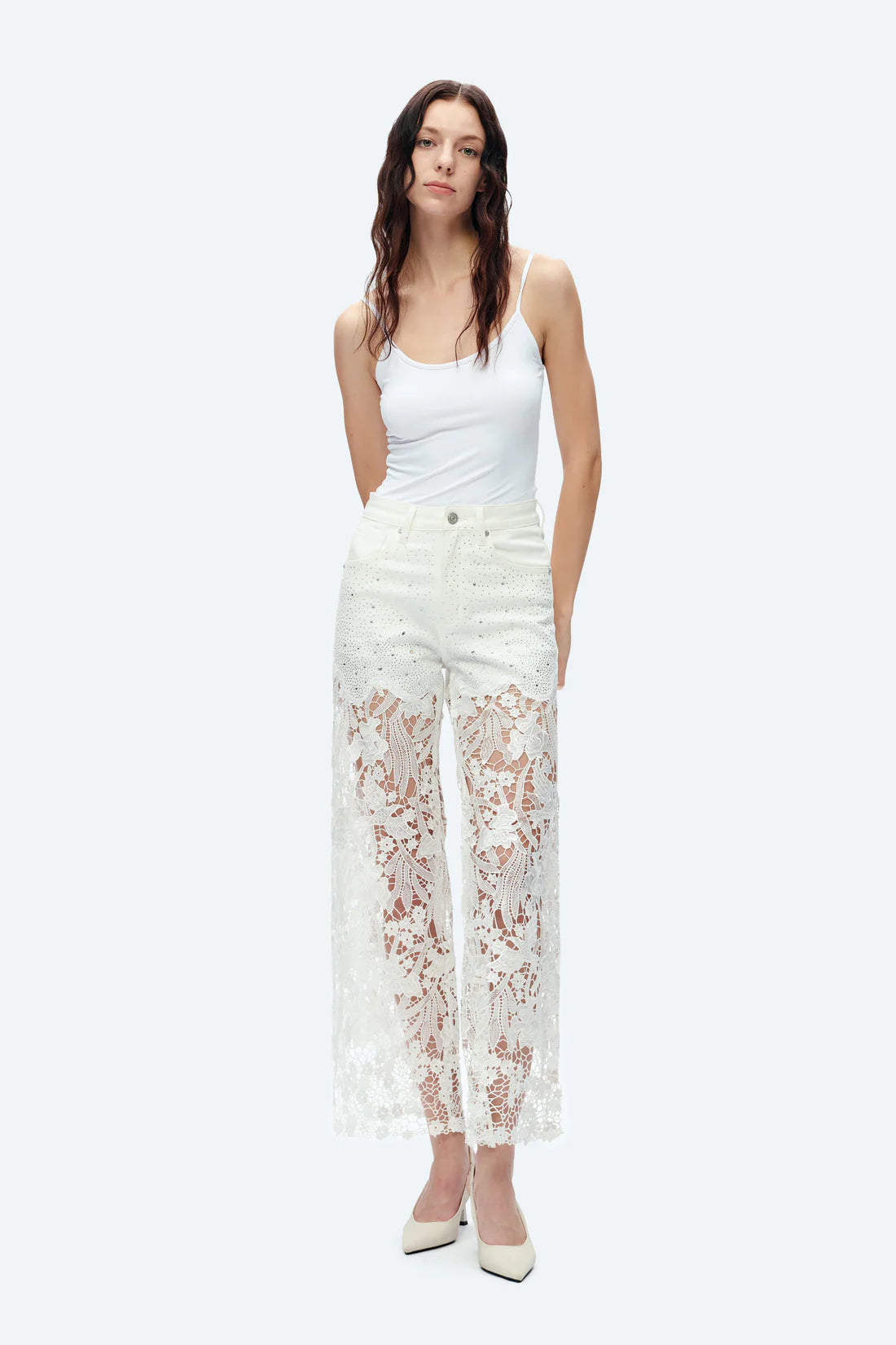 White Studded Heeled Lace Trousers