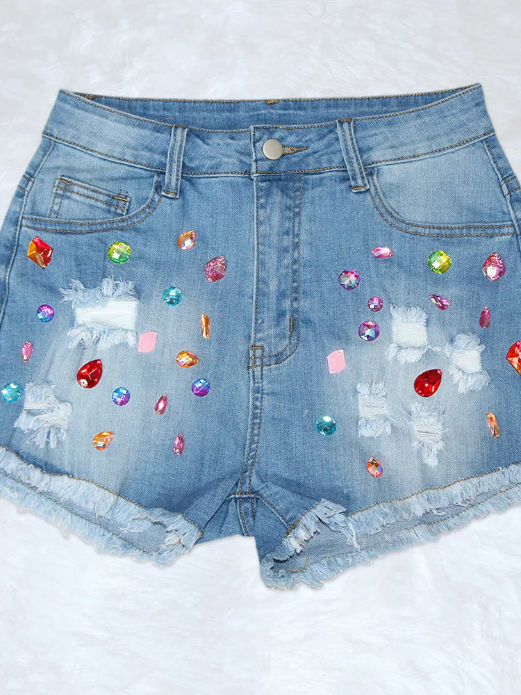 Rhinestone Distressed Denim Shorts