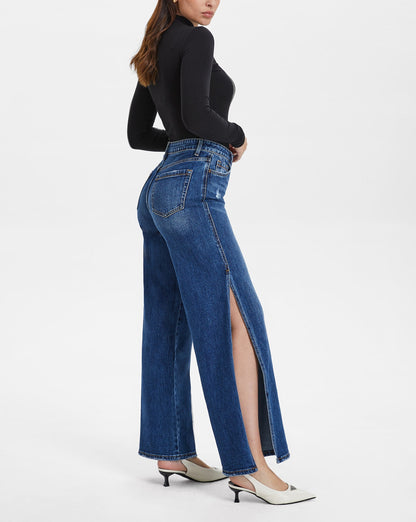 High Rise Wide Leg Jeans With Slit