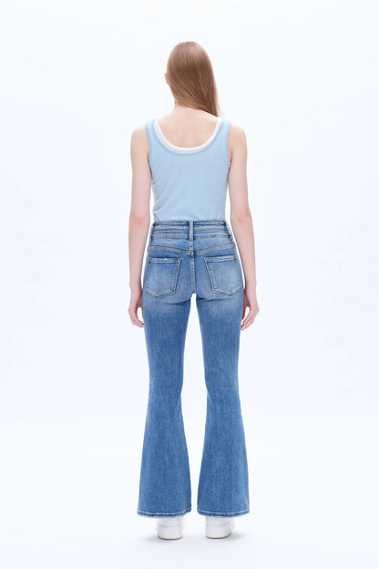 High Rise Flare Jeans With Clean Hem