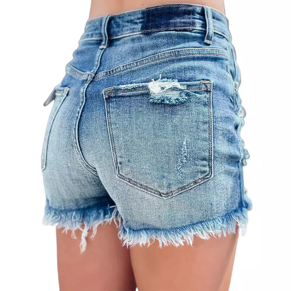 High Waisted Raw Edge Ripped Denim Shorts