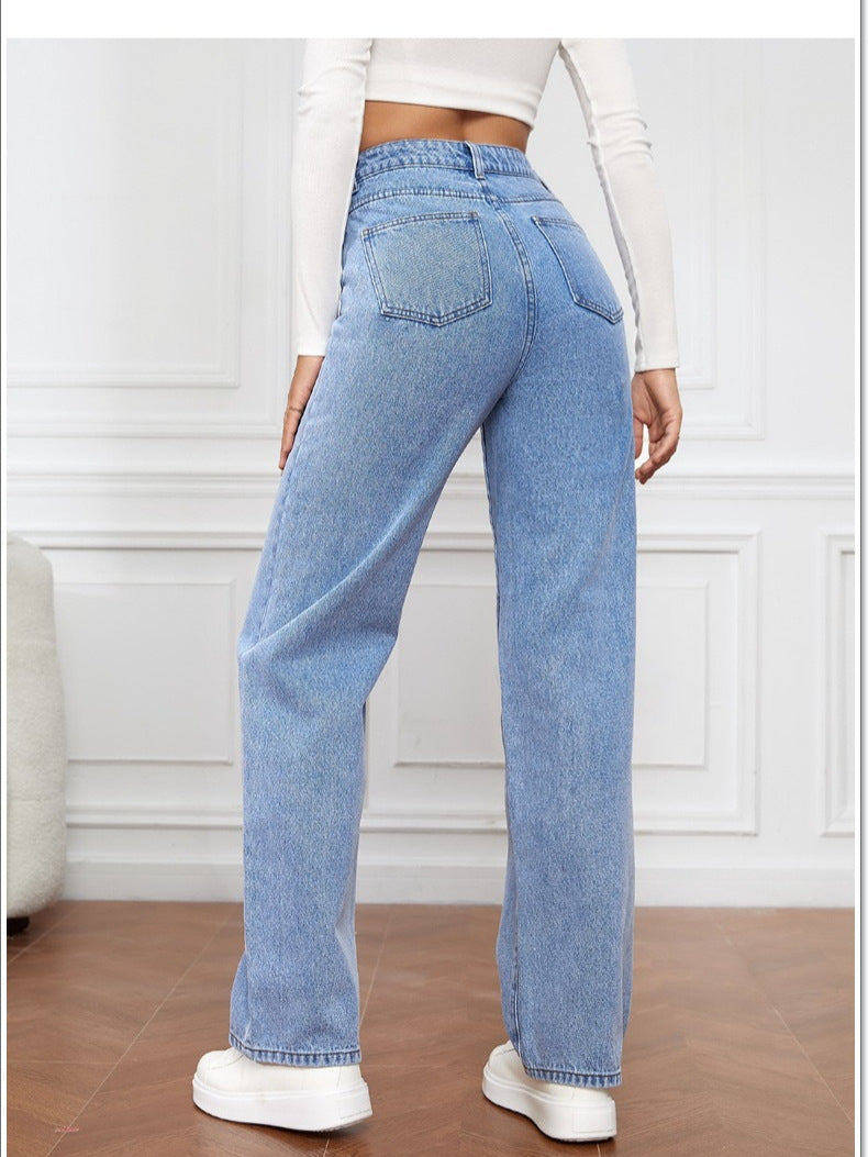 High Waisted Washed Wide Leg Straight Jeans