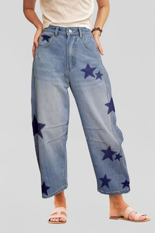 Women Baggy Star Printed Horseshoe Jeans