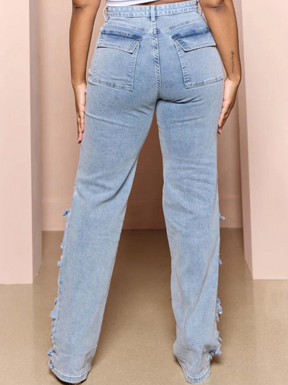 Multi-pocket ripped pants wide leg washed jeans