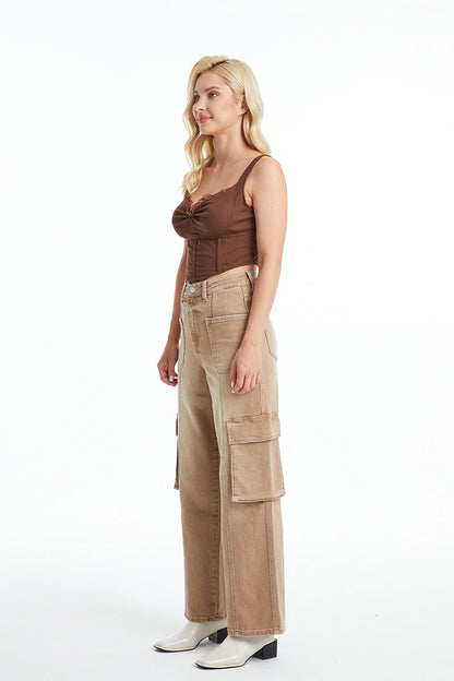 High Rise Cargo Straight Wide Leg Jeans