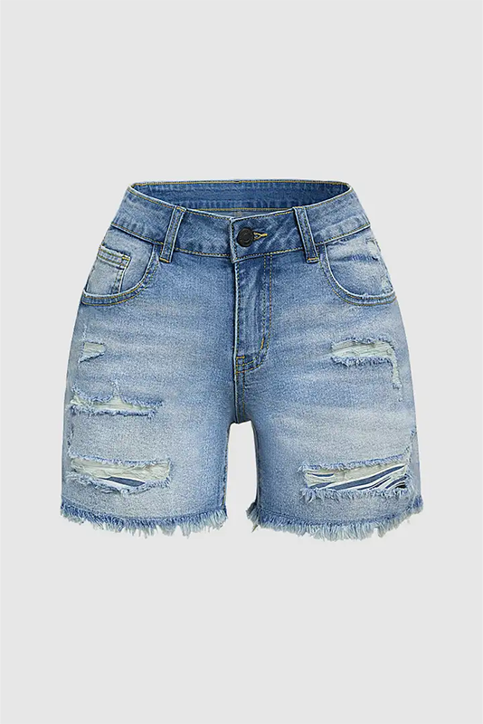 Raw Hem Ripped Low Rise Denim Mid Thigh Shorts