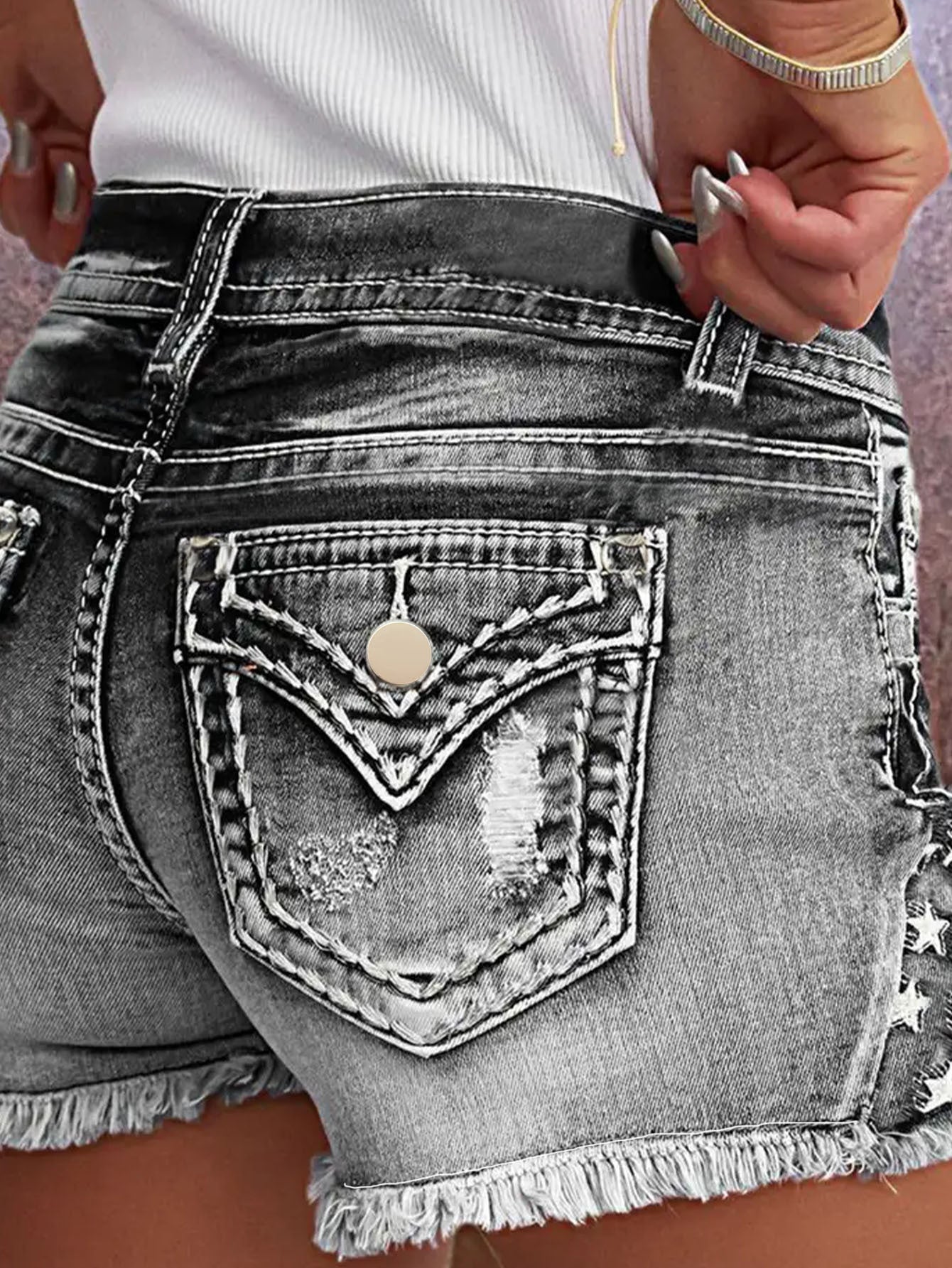 Denim Embroidered Ripped Shorts