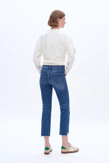 High Rise Straight Ankle Jeans With Raw Edge