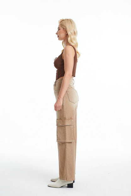 High Rise Cargo Straight Wide Leg Jeans