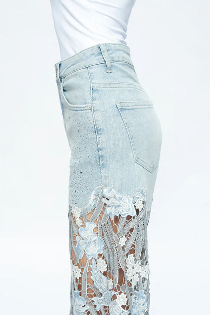 White Studded Heeled Lace Trousers