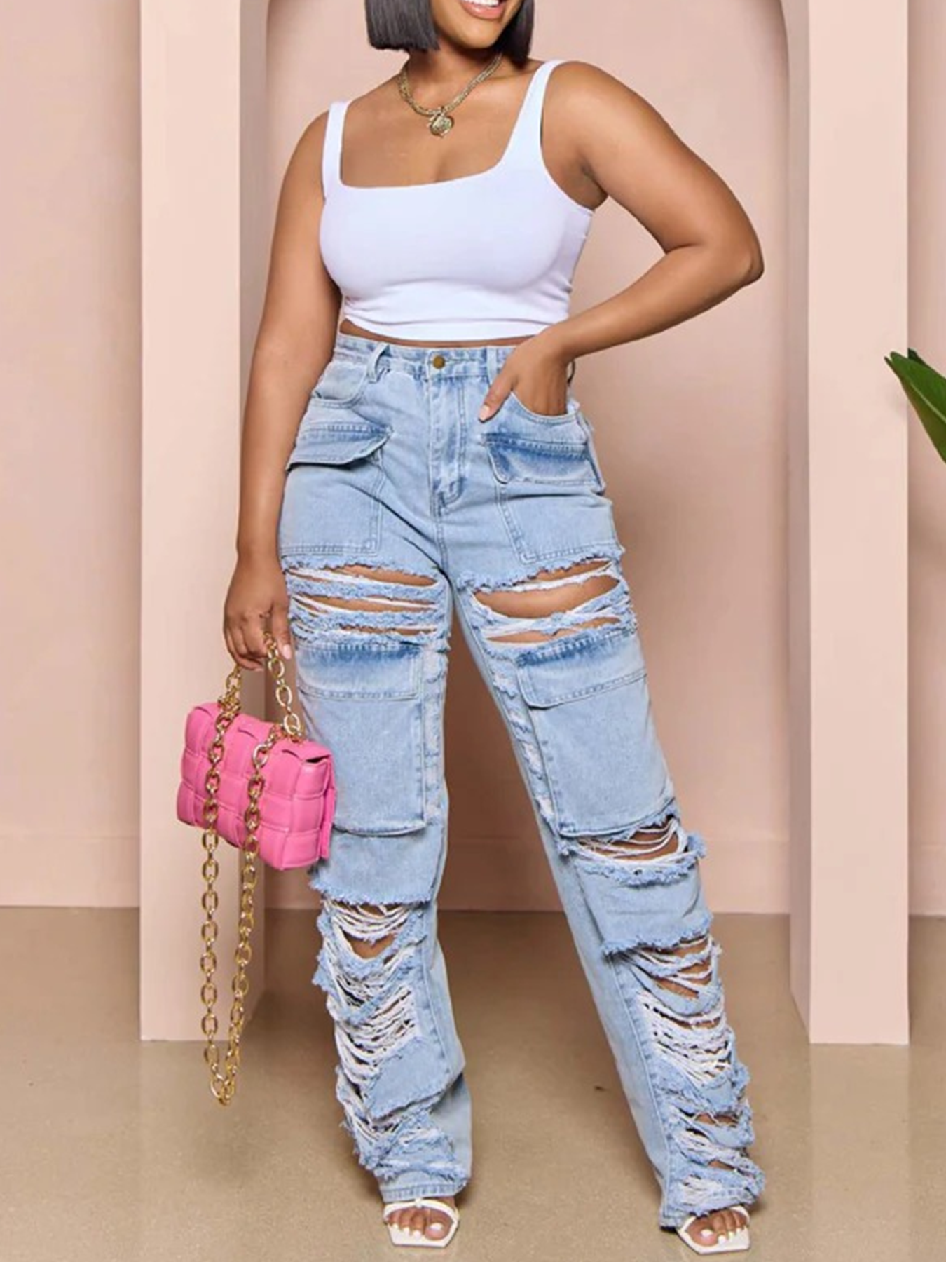 Multi-pocket ripped pants wide leg washed jeans