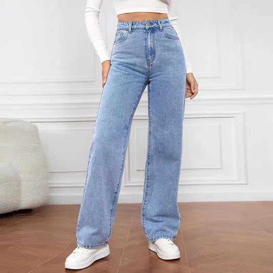 High Waisted Washed Wide Leg Straight Jeans