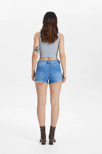 High Rise Denim Short With Raw Hem