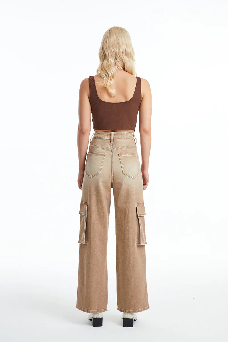 High Rise Cargo Straight Wide Leg Jeans