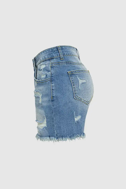 Raw Hem Ripped Low Rise Denim Mid Thigh Shorts