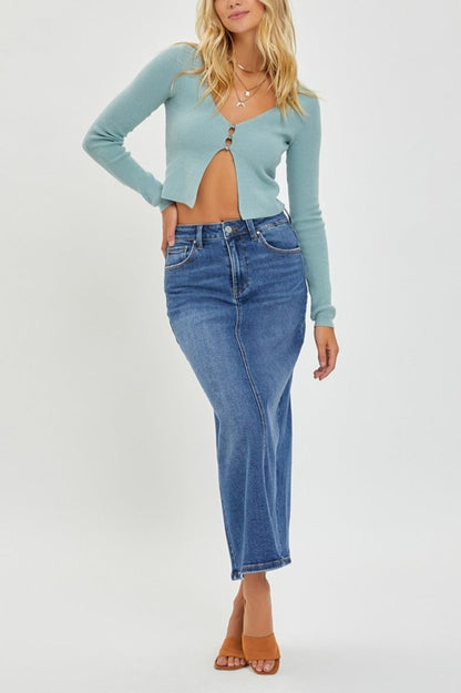 High Rise Back Slit Denim Skirt