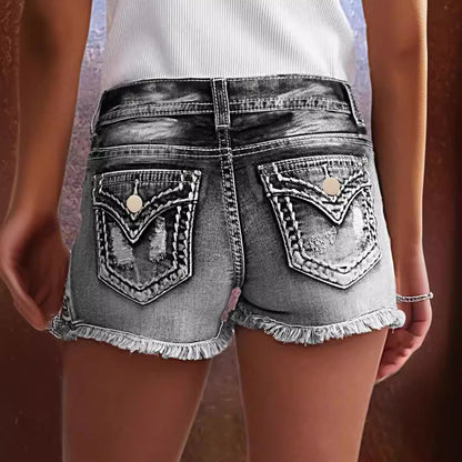 Denim Embroidered Ripped Shorts