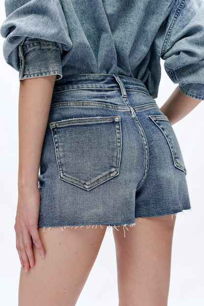 Mid Rise Grinded Stretch Denim Shorts