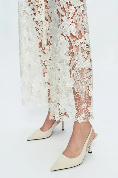 White Studded Heeled Lace Trousers