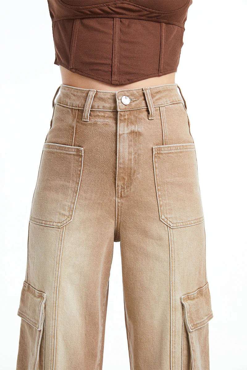 High Rise Cargo Straight Wide Leg Jeans