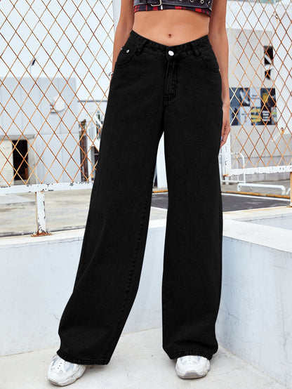 High Waisted Washed Wide Leg Straight Jeans