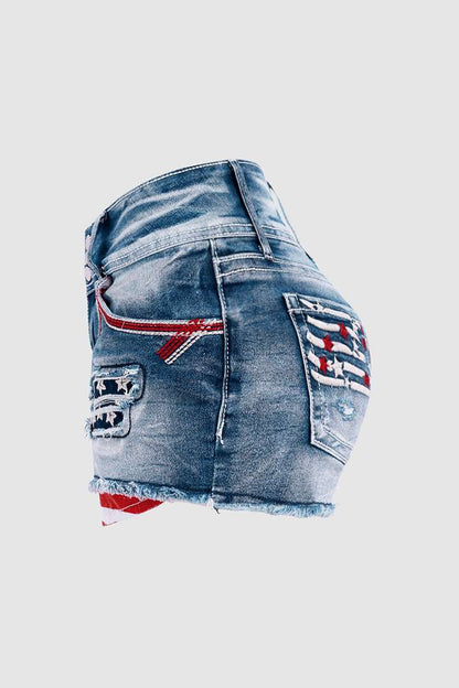 Flag Patched Button Fly Cut Out Denim Shorts