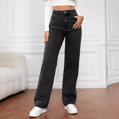 High Waisted Washed Wide Leg Straight Jeans