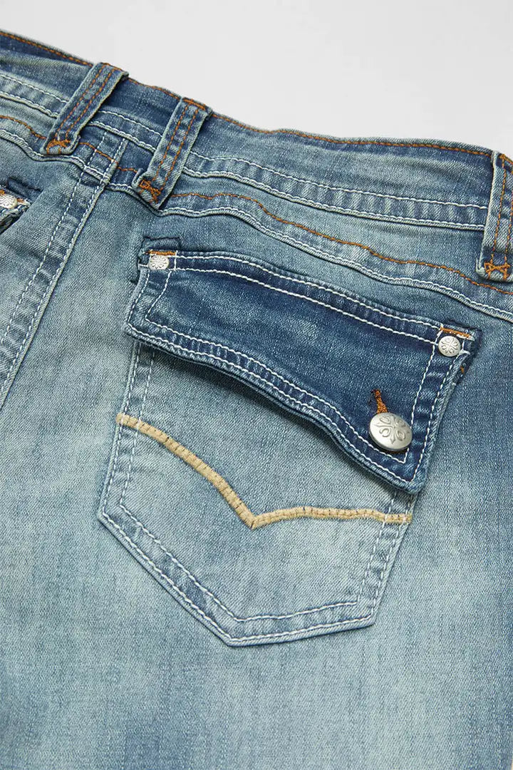 Washed Stitch Flap Pocket Roll Hem Low Rise Capri Jeans