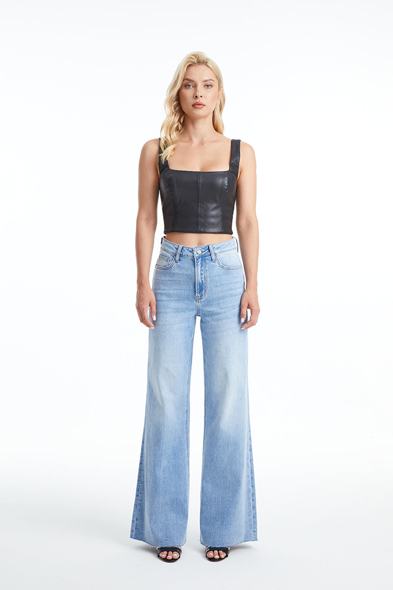 High Rise Wide Leg Jeans With Raw Hem