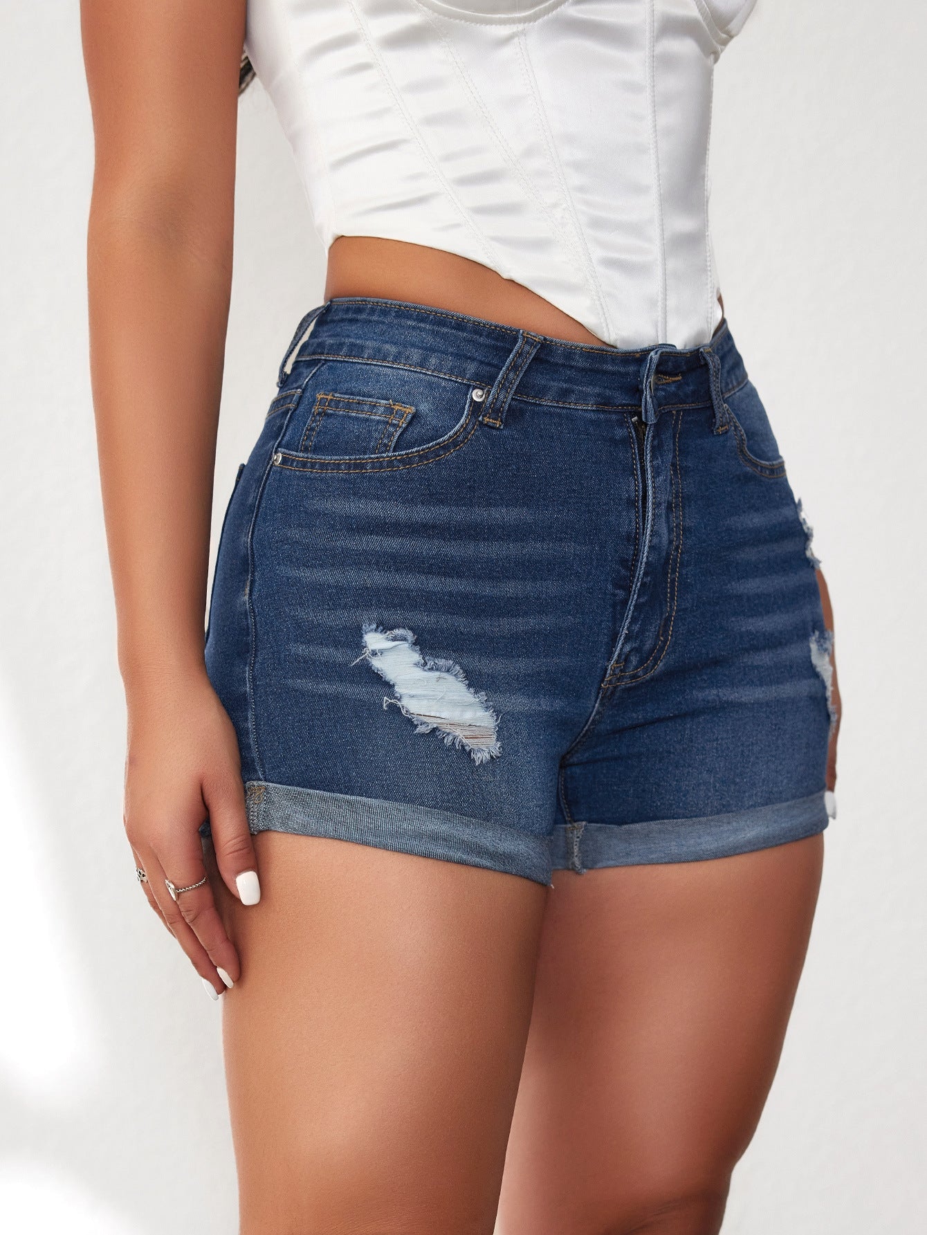 Ripped Stretchy Rolled Denim Shorts