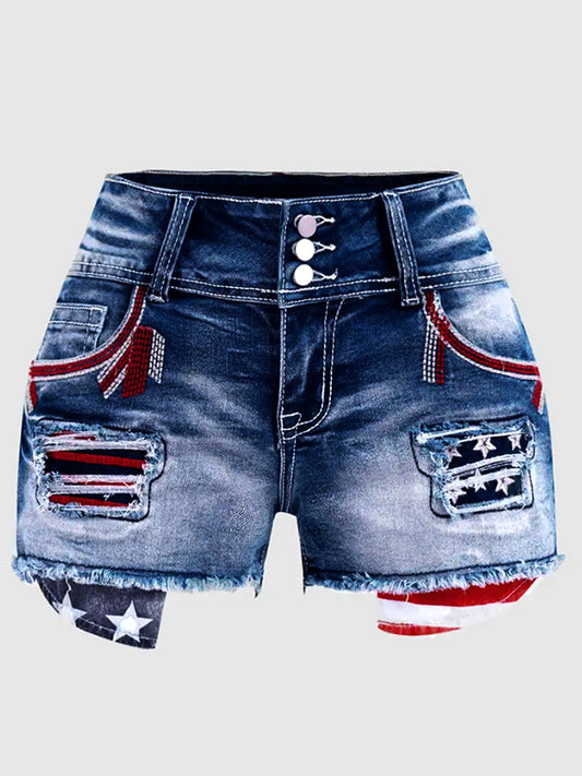 Flag Patched Button Fly Cut Out Denim Shorts