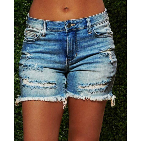 Raw Hem Ripped Low Rise Denim Mid Thigh Shorts