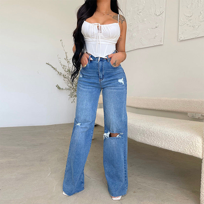 Long High-Waisted Torn Raw Edge Comfortable Wide Leg Jeans