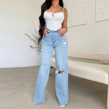 Long High-Waisted Torn Raw Edge Comfortable Wide Leg Jeans