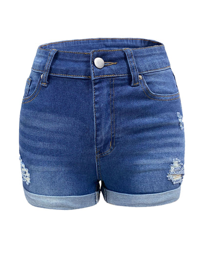 Ripped Stretchy Rolled Denim Shorts