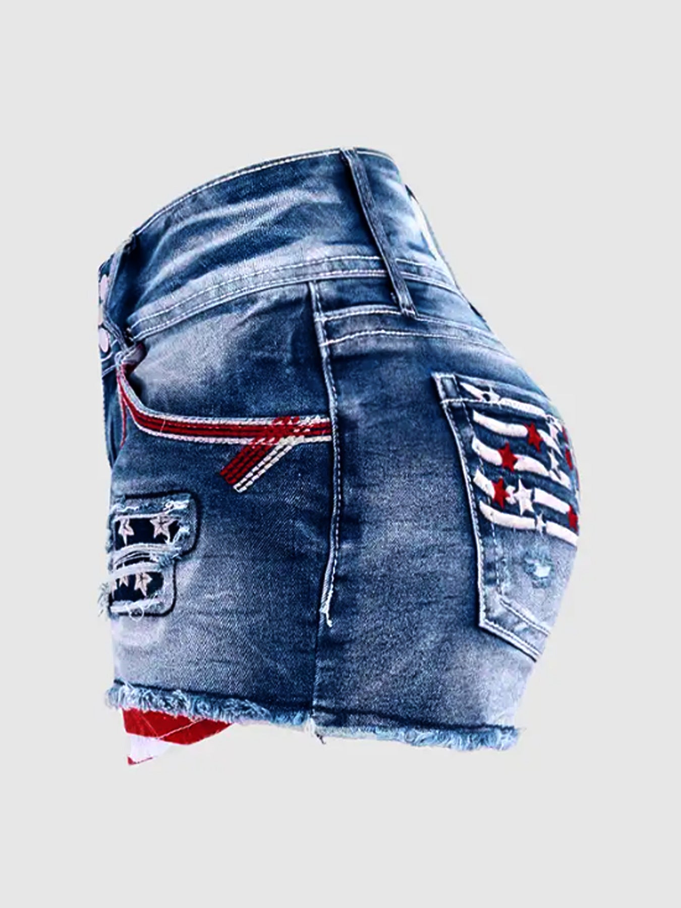 Flag Patched Button Fly Cut Out Denim Shorts