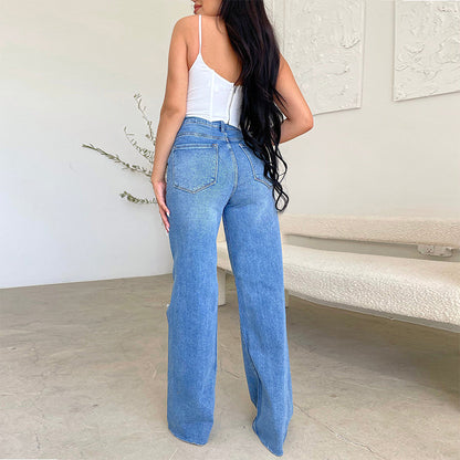 Long High-Waisted Torn Raw Edge Comfortable Wide Leg Jeans