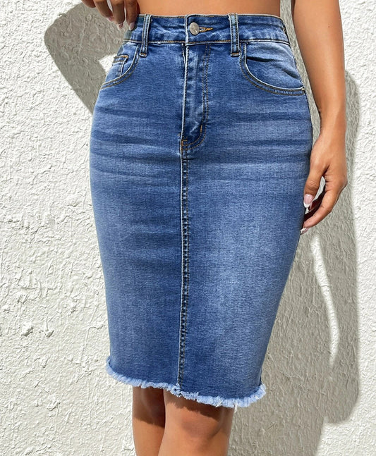 Casual Stretchy High Waisted Ground Side Denim Package Hip Skirt