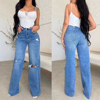 Long High-Waisted Torn Raw Edge Comfortable Wide Leg Jeans