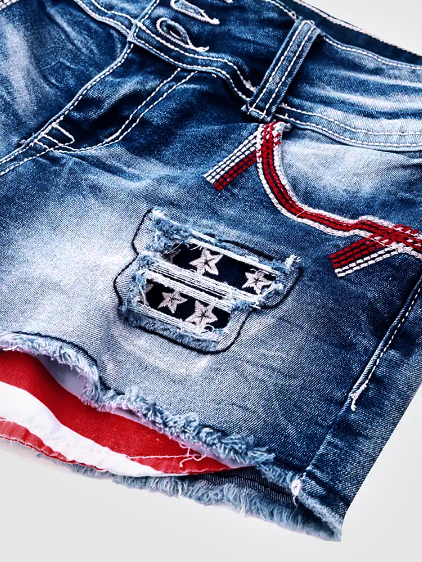 Flag Patched Button Fly Cut Out Denim Shorts