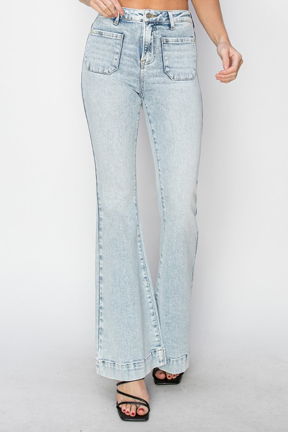 Full Size High Rise Front Patch Pocket Flare Jeans