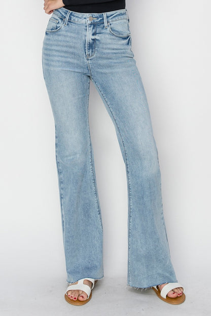 Full Size High Rise Raw Cut Hem Bootcut Jeans