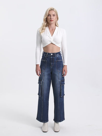 High Rise Cargo Overalls Straight Wide Leg Jeans