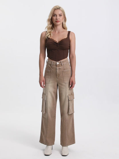 High Rise Cargo Straight Wide Leg Jeans